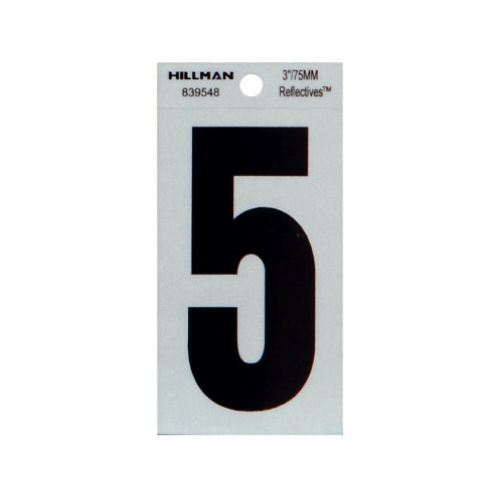 Reflective Adhesive House Address Number 5, Thin Cut, Black Vinyl, 3-In.