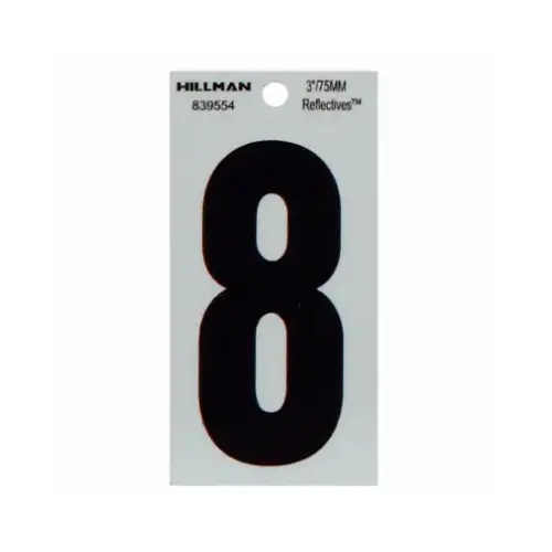 Reflective Adhesive House Address Number 8, Thin Cut, Black Vinyl, 3-In. - pack of 6