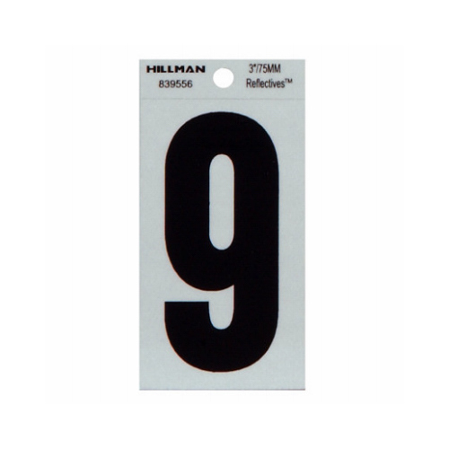 Reflective Adhesive House Address Number 9, Thin Cut, Black Vinyl, 3-In.