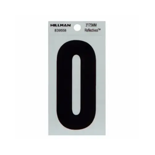 Reflective Adhesive House Address Number 0, Thin Cut, Black Vinyl, 3-In.