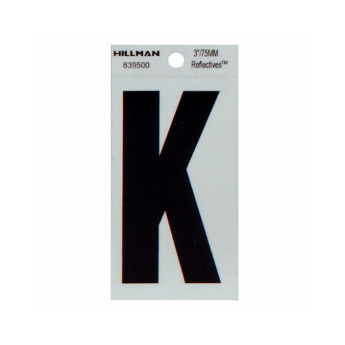 Reflective Adhesive House Address Letter K, Thin Cut, Black Vinyl, 3-In.