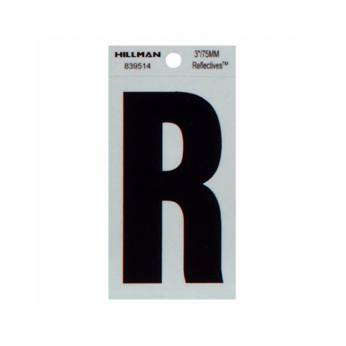 Reflective Adhesive House Address Letter R, Thin Cut, Black Vinyl, 3-In.