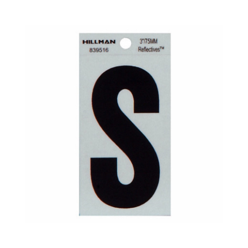 Reflective Adhesive House Address Letter S, Thin Cut, Black Vinyl, 3-In.