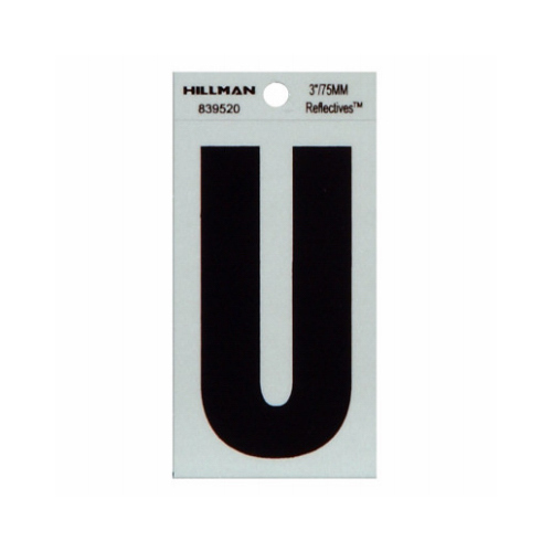 Reflective Adhesive House Address Letter U, Thin Cut, Black Vinyl, 3-In. - pack of 6