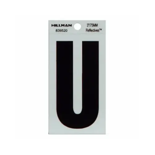 Reflective Adhesive House Address Letter U, Thin Cut, Black Vinyl, 3-In.