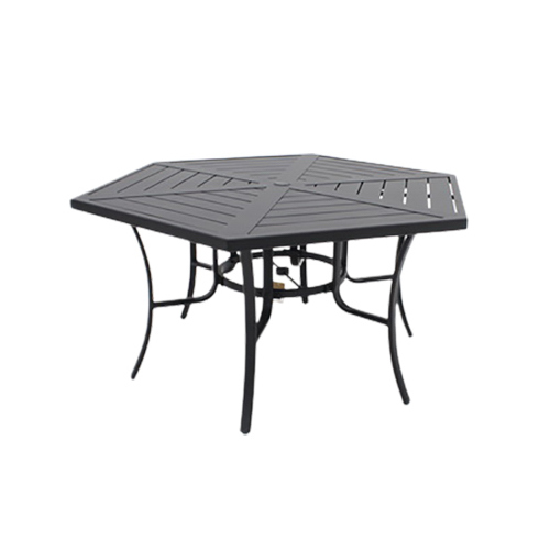 Naples Slat-Top Dining Table, Steel Frame, 53 x 62-In. Hexagon