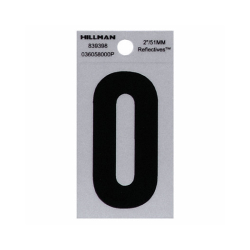 Adhesive House Address Number 0, Reflective Vinyl, Black and Silver, 2-In. - pack of 6