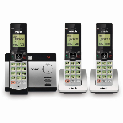 VTECH COMMUNICATIONS CS5129-3 6.0 Expandable Cordless Phone with 3 Handsets, Answering System and Caller ID, Silver/Black