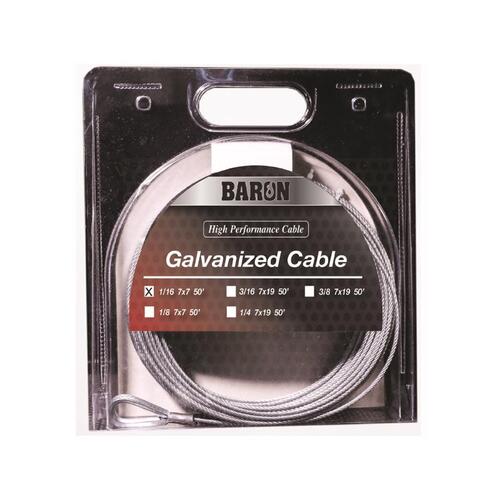 Aircraft Cable, 1/16 in Dia, 50 ft L, 96 lb Working Load, Galvanized Steel