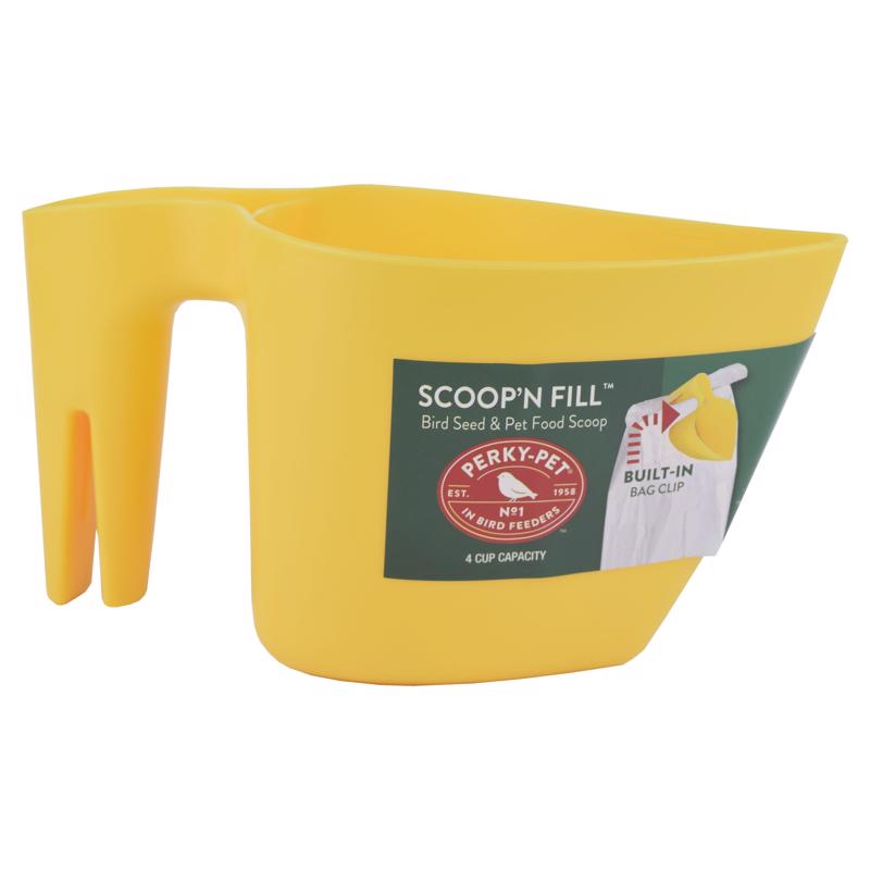 Perky-Pet 300-12 Scoop N' Fill Bird Seed Scoop, Plastic, Bright Yellow, For: Bird Feeder