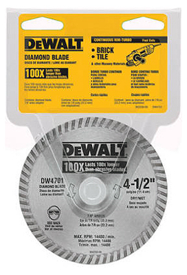 DEWALT DW4701 Circular Blade, 4-1/2 in Dia, 7/8 in Arbor, Diamond Cutting Edge, Continuous Rim