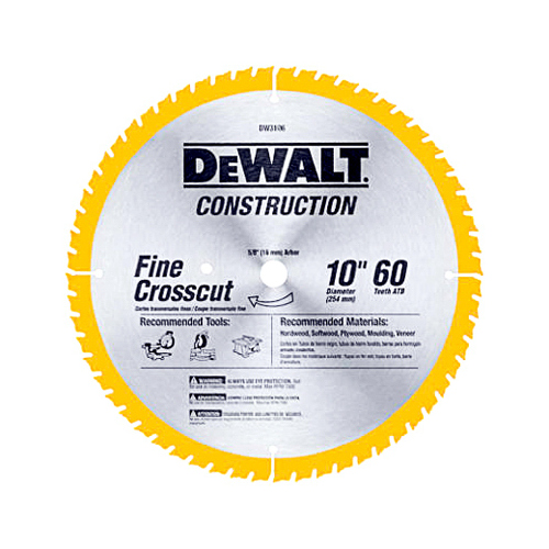 DEWALT DWA11060 Precision Trim DW3215PT Saw Blade, 10 in Dia, 5/8 in Arbor, 60-Teeth, Carbide Cutting Edge