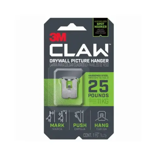 CLAW Drywall Picture Hanger, 25 lb, Steel, Push-In Mounting Silver