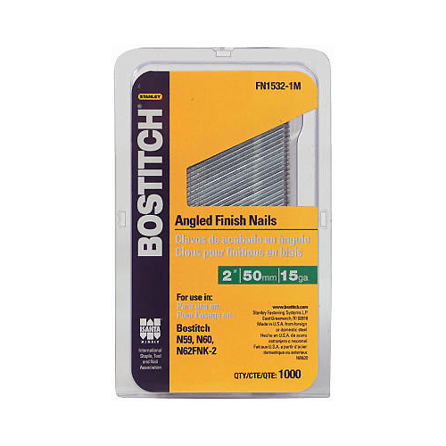 Bostitch FN1532-1M Finish Nail, 2 in L, 15 ga Gauge, Steel, Bright, Flat Head, Smooth Shank - pack of 1000