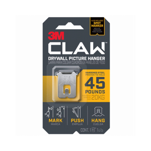 CLAW Drywall Picture Hanger, 45 lb, Steel, Push-In Mounting Silver