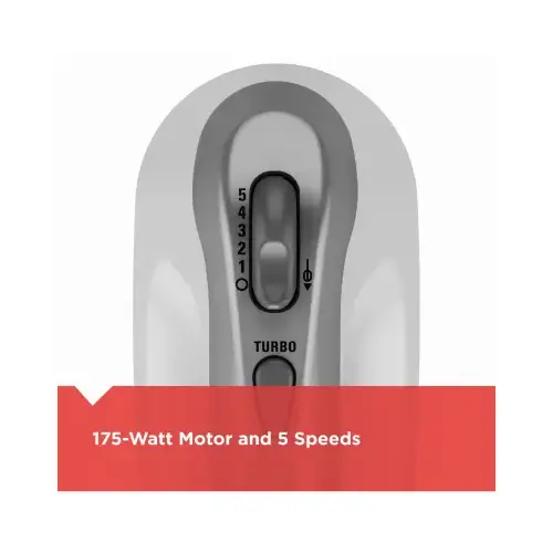 Black & Decker MX1500W Hand Mixer, 120 V, 175 W, 5-Speed, Gray/White