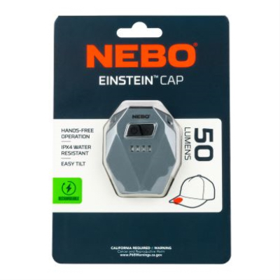 Nebo NEB-HLP-0004 EINSTEIN Cap Light, 500 mAh, Lithium-Ion Battery, LED Lamp, 50 Lumens, 52 ft Beam Distance, Black