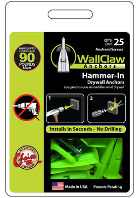 WallClaw Anchors PCK-WC25-YS Wallboard Anchors .25" D X 2" L Plastic/Steel Pan Head