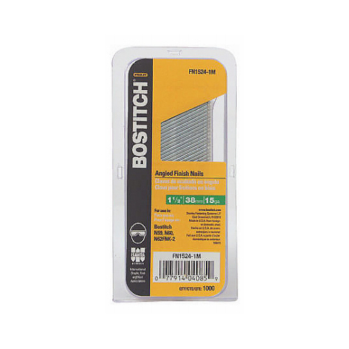 Bostitch FN1524-1M Finish Nail, 1-1/2 in L, 15 ga Gauge, Steel, Bright, Flat Head, Smooth Shank - pack of 1000