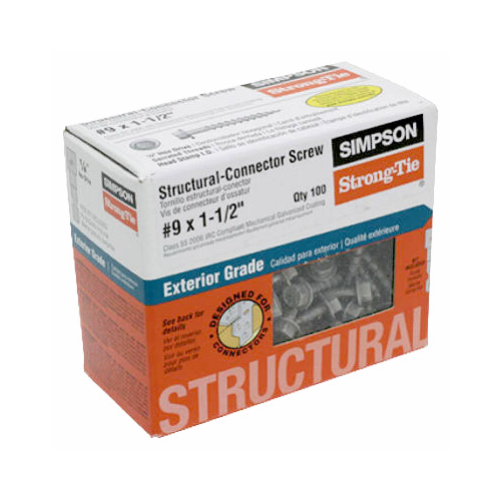 Simpson Strong-Tie SD9112R100 Strong-Drive Connector Screw, #9 Thread, 1-1/2 in L, Serrated Thread, Hex Drive, Steel Galvanized - pack of 100