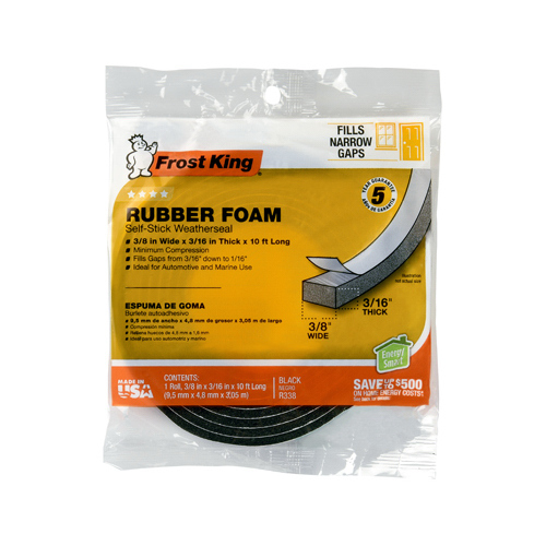 Foam Tape, 3/8 in W, 10 ft L, 3/16 in Thick, Rubber, Black