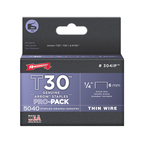 Arrow 304IP Thin Wire Staples T30 1/2" W X 1/4" L 22 Ga. Wide Crown Gray