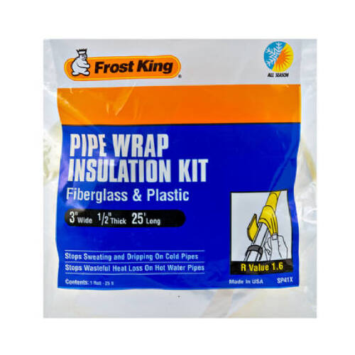 Frost King SP41X Pipe Wrap Kit, 25 ft L, 3 in W, 1/2 in Thick, 1.6 R-Value, Fiberglass