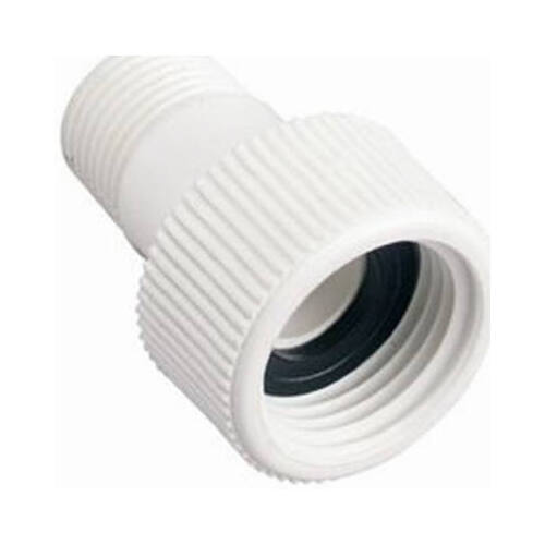 Hose to Pipe Adapter, 1/2 x 3/4 in, MNPT x FHT, Polyvinyl Chloride, White