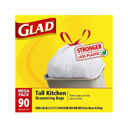 GLAD 78536-XCP4 Tall Kitchen Bags ForceFlex 13 gal Drawstring White - pack of 4