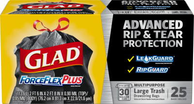 GLAD 70359 Trash Bags ForceFlex Plus 30 gal Drawstring 25 pk 0.9 mil Black