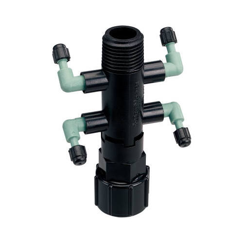 Manifold, 1/2 x 1/4 in Connection, Thread x Barb, 4 -Port, 1/4 in Tubing, Plastic, Black