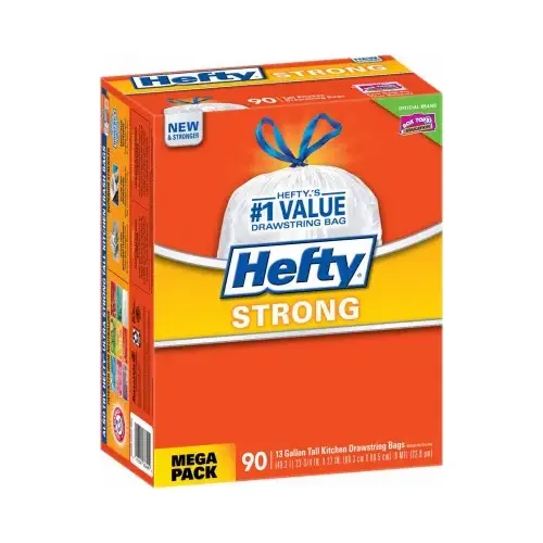 Hefty E84574 Kitchen Trash Bags Strong 13 gal Drawstring 90 pk 0.9 mil White