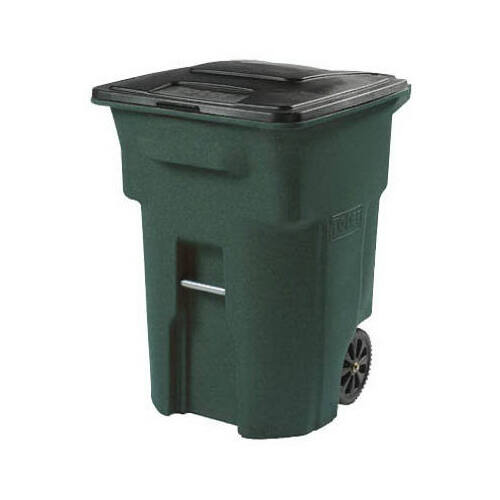 Trash Can with Wheels and Attached Lid, 96 gal Capacity, Polyethylene, Greenstone, Lid Closure