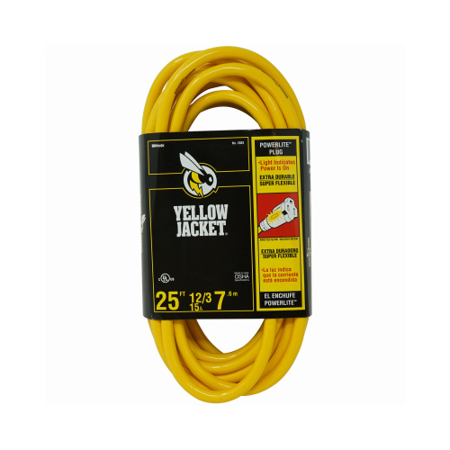 Extension Cord, 12 AWG Cable, 25 ft L, 15 A, 125 V, Yellow