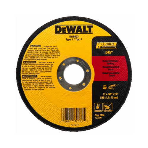 DEWALT DW8063 Cutting Wheel, 5 in Dia, 0.045 in Thick, 7/8 in Arbor, 60 Grit, Aluminum Oxide Abrasive