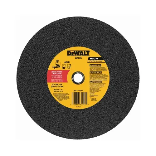 Cutting Wheel, 10 in Dia, 7/64 in Thick, 5/8 in Arbor, 24 Grit, Very Coarse, Aluminum Oxide Abrasive Black/Yellow