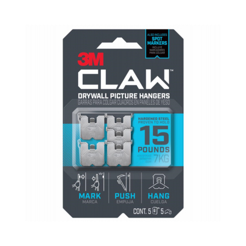 CLAW Drywall Picture Hanger, 15 lb, Steel, Push-In Mounting Silver