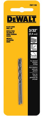 DEWALT DW1106 Jobber Drill Bit, 3/32 in Dia, 2-1/4 in OAL, Parabolic Flute, 3/32 in Dia Shank, Round Shank Pair Black Oxide