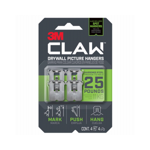 CLAW Drywall Picture Hanger, 25 lb, Steel, Push-In Mounting Silver