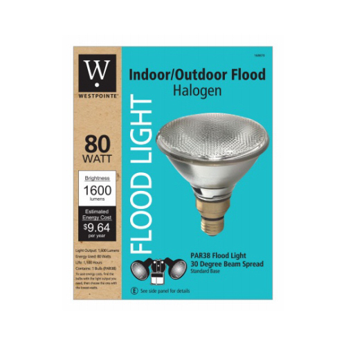 Flood Light Bulb, Halogen, Indoor/Outdoor, Par 38, 80-Watts