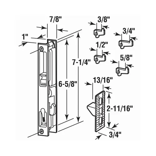 Sliding Patio Door Latch, Flush Mounted, White, Diecast, 7-1/4-In.
