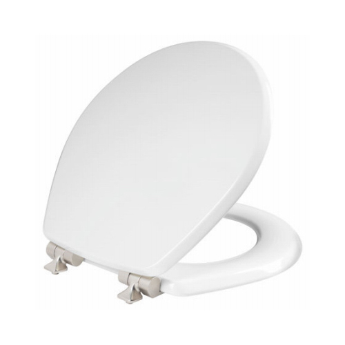 Round Wood Toilet Seat, White Enamel, Never Loosens, Slow-Close Brushed Nickel Hinge