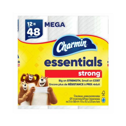 Essentials Strong Toilet Paper, 429 Sheets per Mega Roll, 12 Rolls