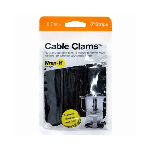 Cable Clams Hook & Loop Cord Holders, Black, 3 In pack of 8