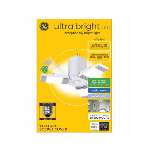 Ultra Bright LED Utility Light Fixture, 3 Twist & Pivot Panels, Medium Base, Motion Sensor, Cool White, 3 Settings