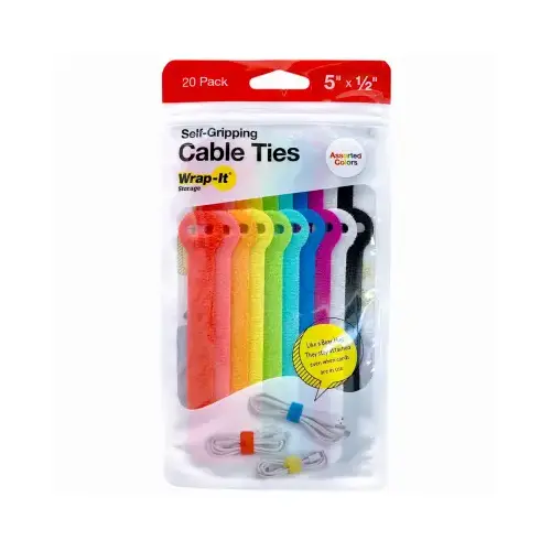 Self-Gripping Cable Ties, Reusable, Multi Color, 1/2 x 5 In pack of 20