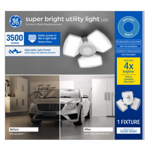 GE Lighting 93129817 LED Super Bright Utility Light Fixture, 3 Adjustable  Panels, Medium Base, 3500 Lumens, 35 Watts