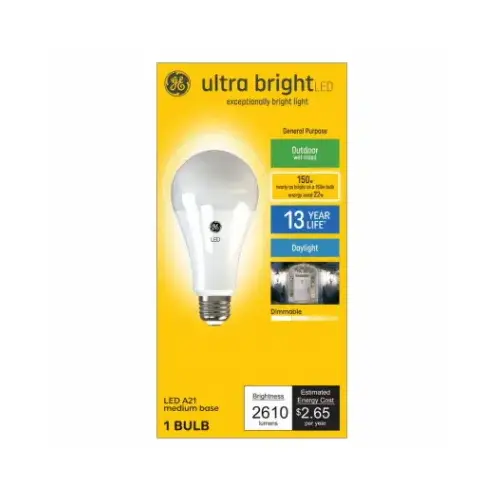 Ultra Bright Light Bulb, A21 Lamp, 150 W Equivalent, Medium (E26) Lamp Base, Dimmable, Daylight