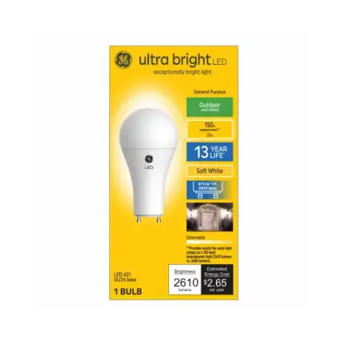 LED Bulb, A21 Lamp, 150 W Equivalent, GU24 Lamp Base, Dimmable, Soft White Light, 2700 K Color Temp