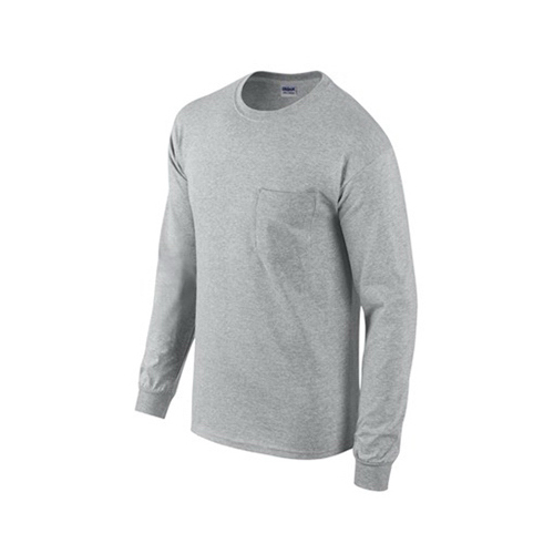 Long-Sleeve Pocket T-Shirt, Sports Gray 100% Cotton, Medium